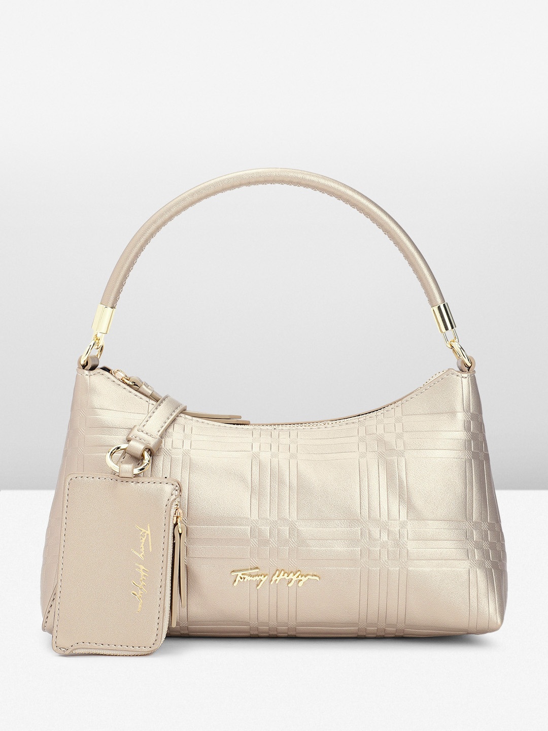 

Tommy Hilfiger Self Checked PU Structured Handheld Bag With Mini Zip Pouch, Champagne