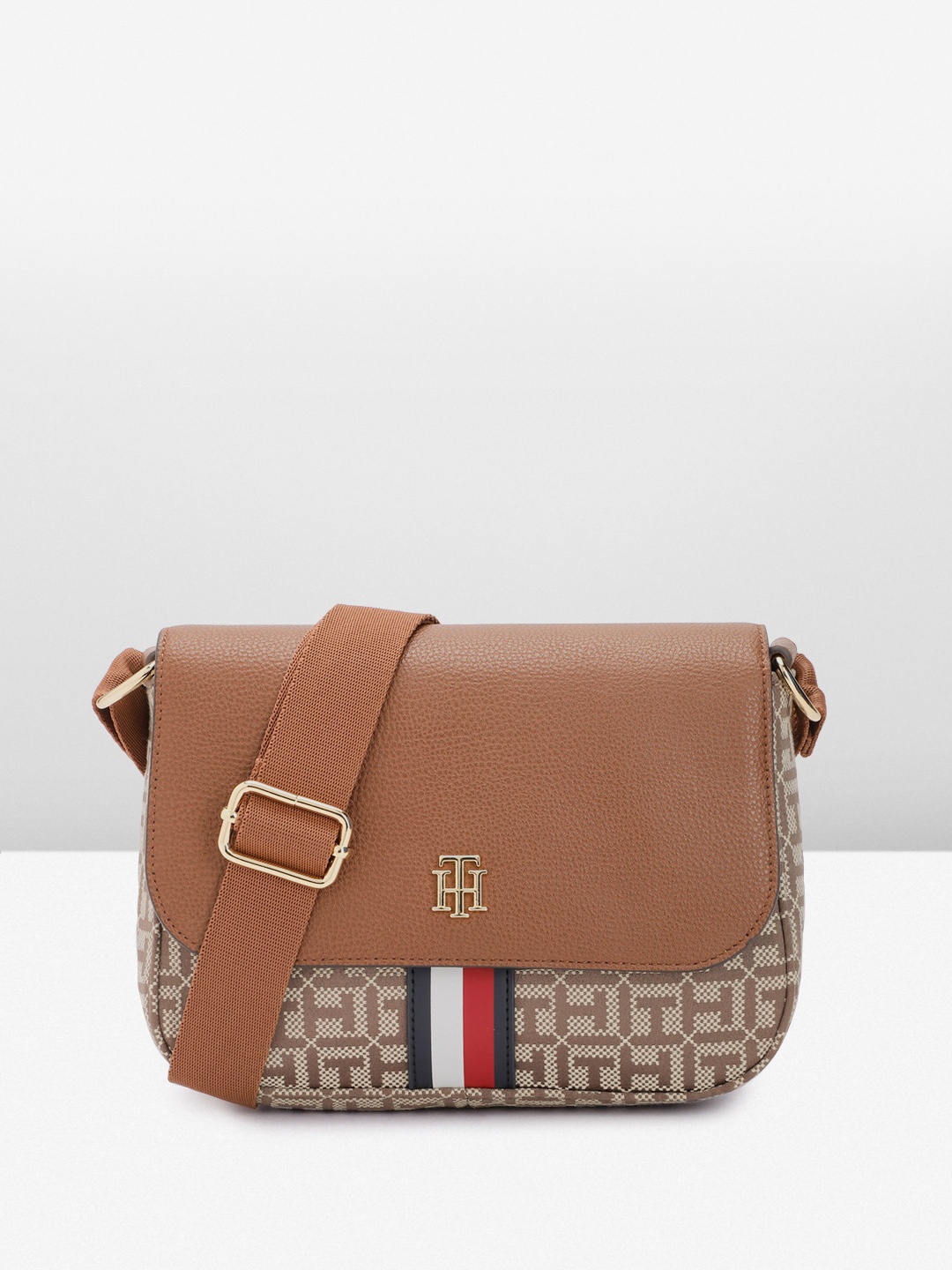 

Tommy Hilfiger Brand Logo Self Design & Colourblocked Structured Sling Bag with Applique, Brown