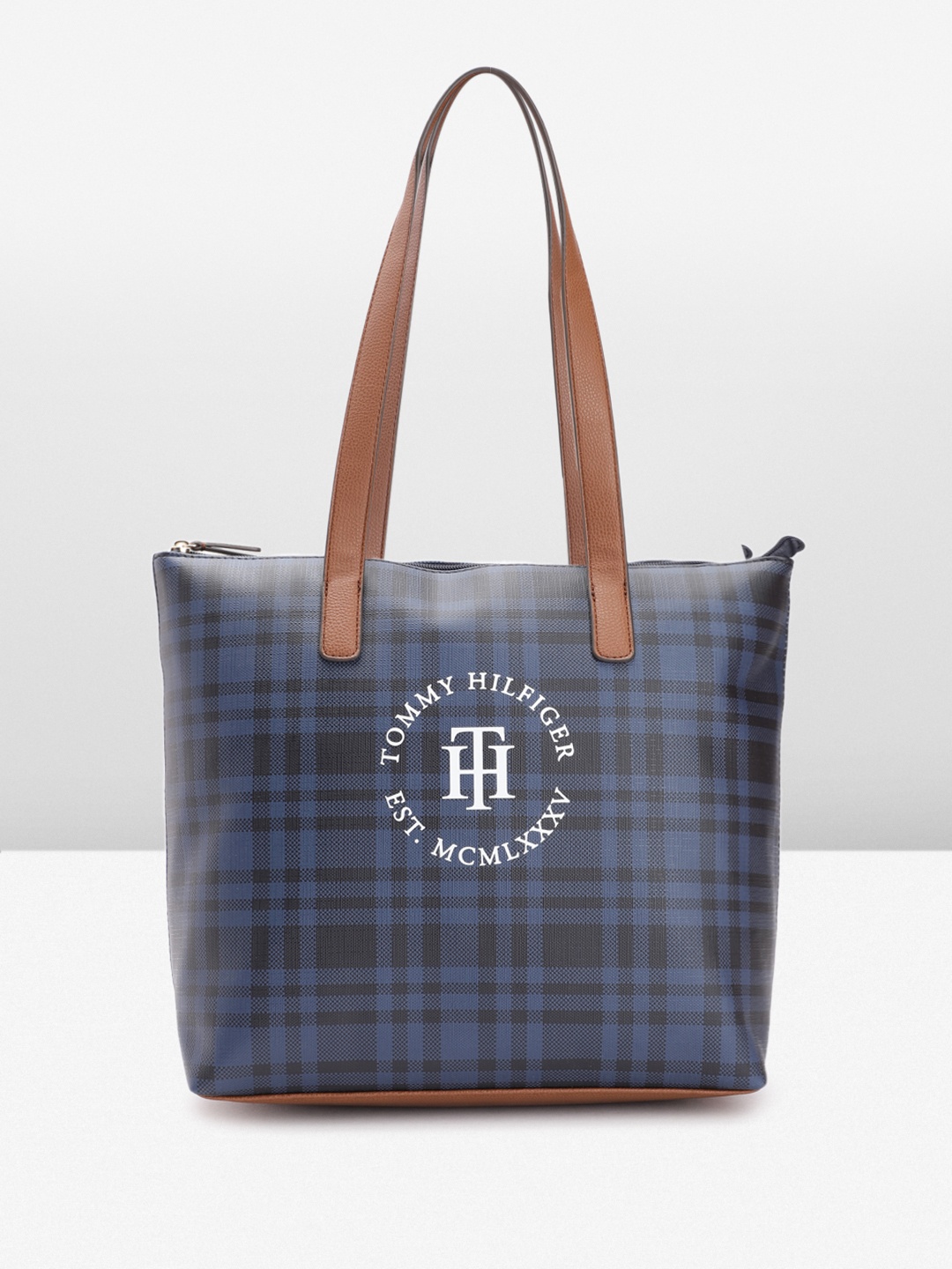 

Tommy Hilfiger Checked & Brand Logo Printed Structured Shoulder Bag, Navy blue