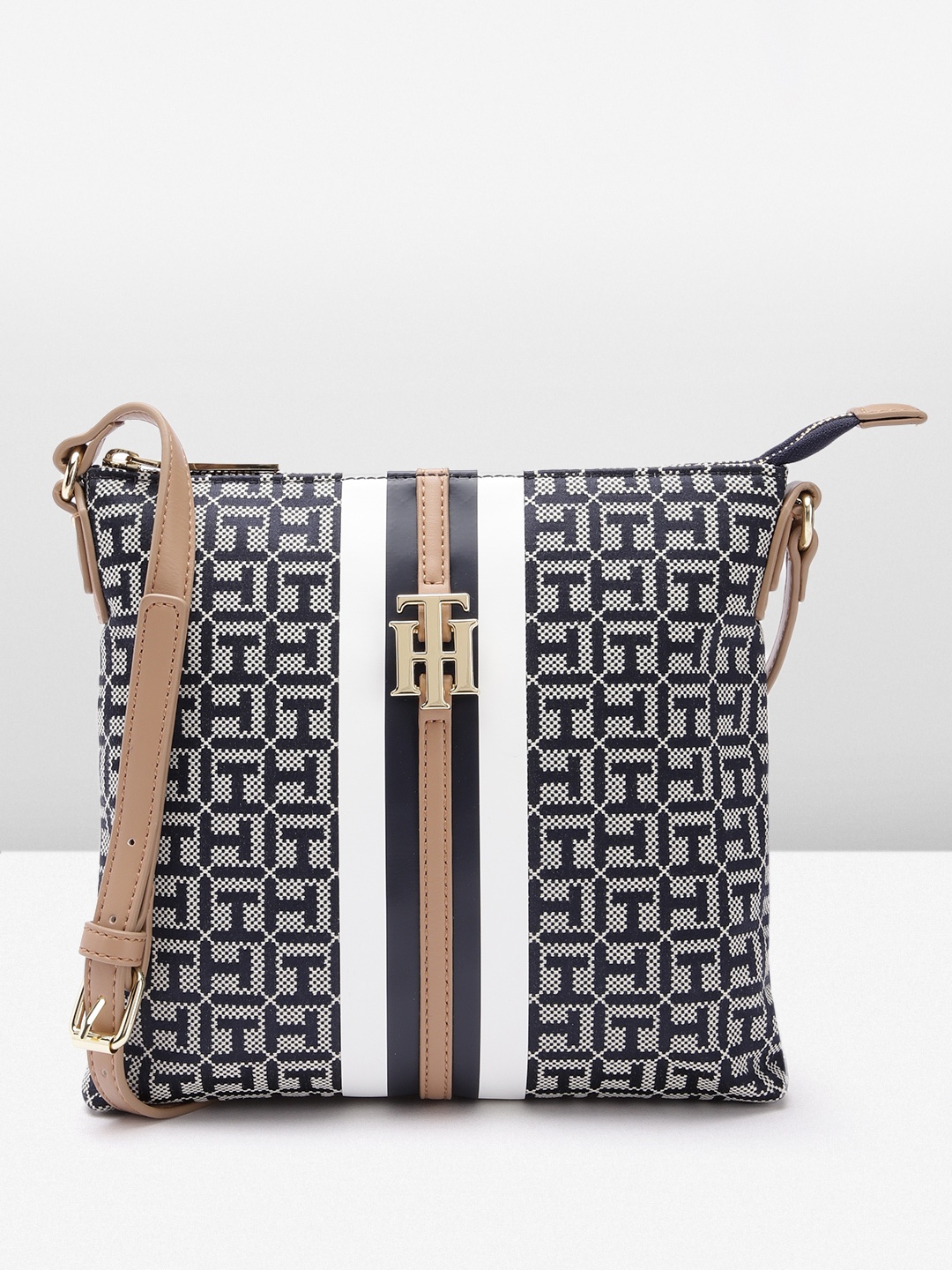 

Tommy Hilfiger Brand Logo Design Structured Sling Bag, Navy blue