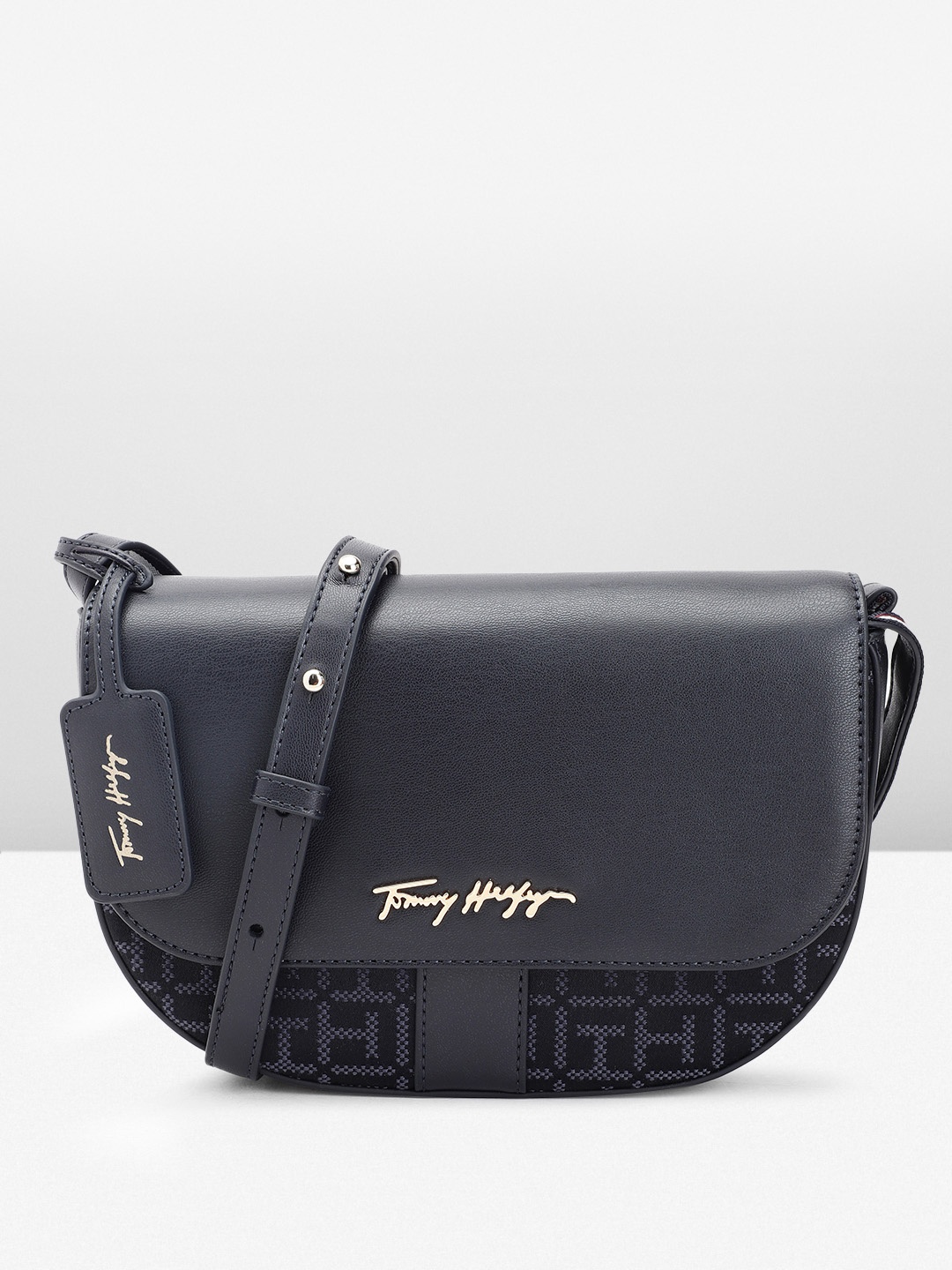 

Tommy Hilfiger Brand Logo Design Half Moon Cross Over Sling Bag, Navy blue