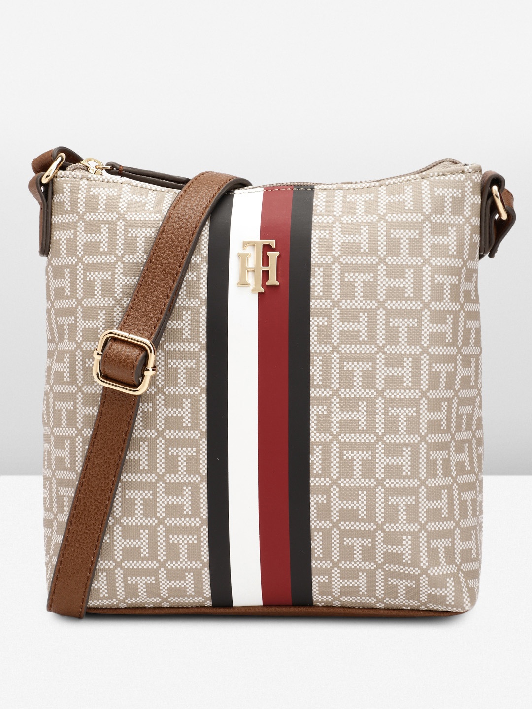 

Tommy Hilfiger Brand Logo Printed Structured Sling Bag, Taupe