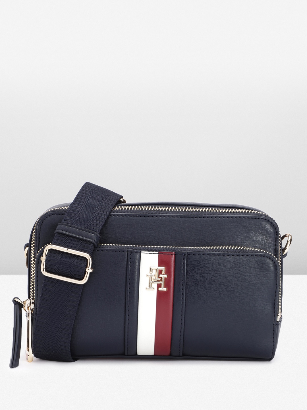 

Tommy Hilfiger Striped Structured Sling Bag, Navy blue