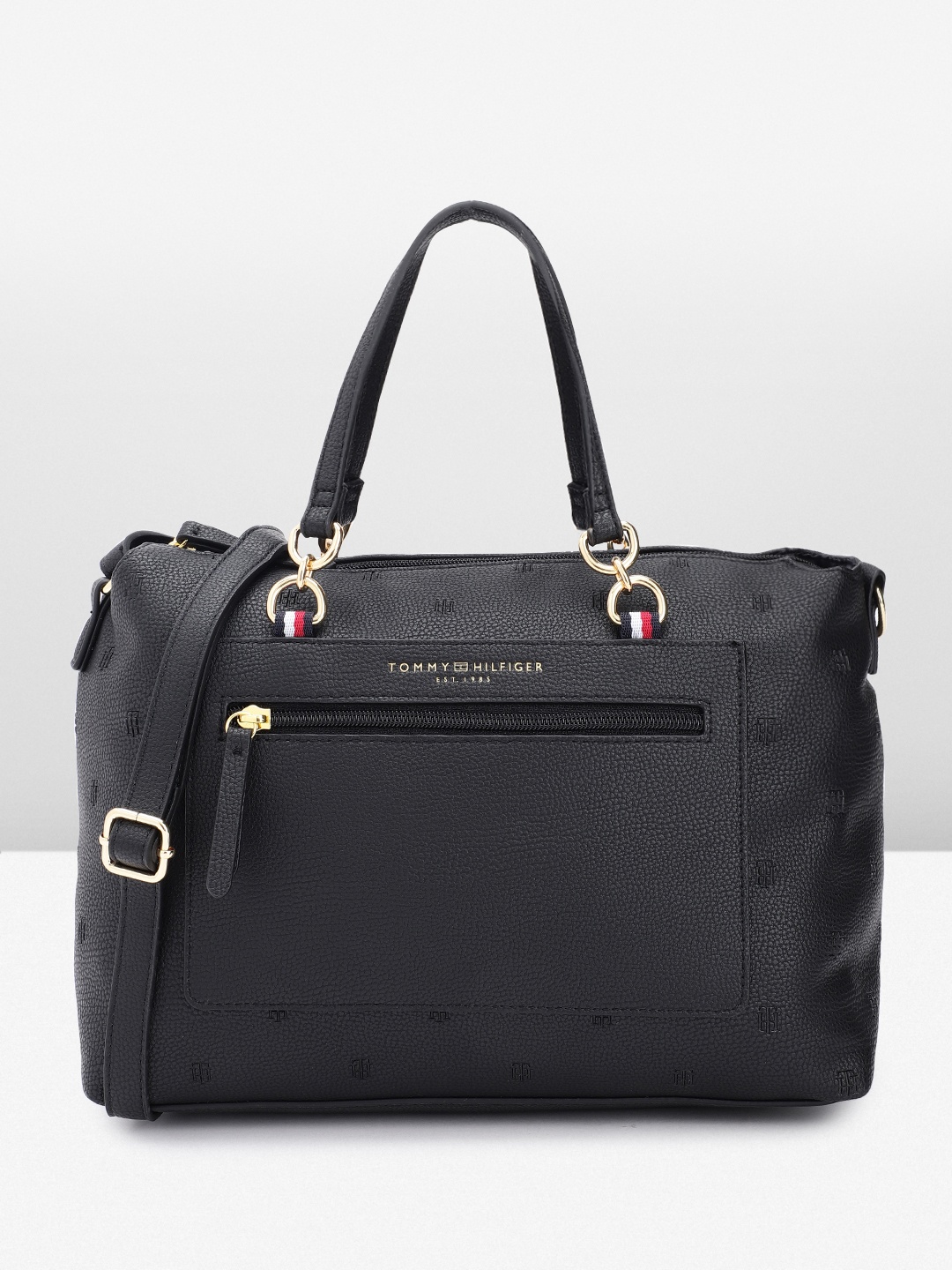 

Tommy Hilfiger Brand Logo Textured PU Structured Handheld Bag, Black