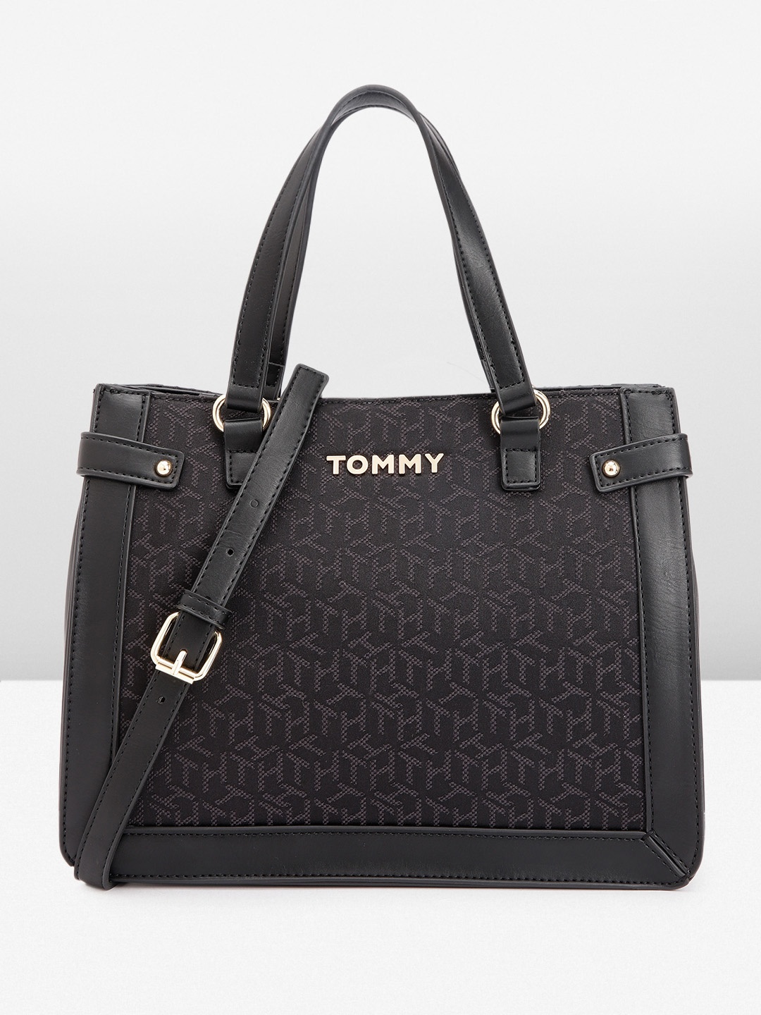 

Tommy Hilfiger Self Brand Logo Design Structured Handheld Bag, Black
