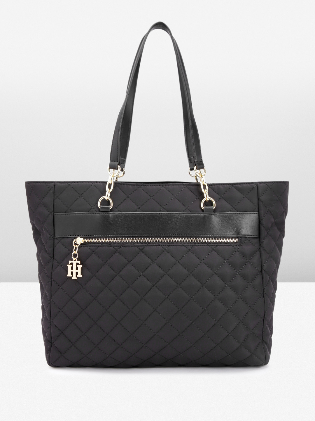 

Tommy Hilfiger Geometric Self Design Oversized Structured Shoulder Bag with Quilted Detail, Black