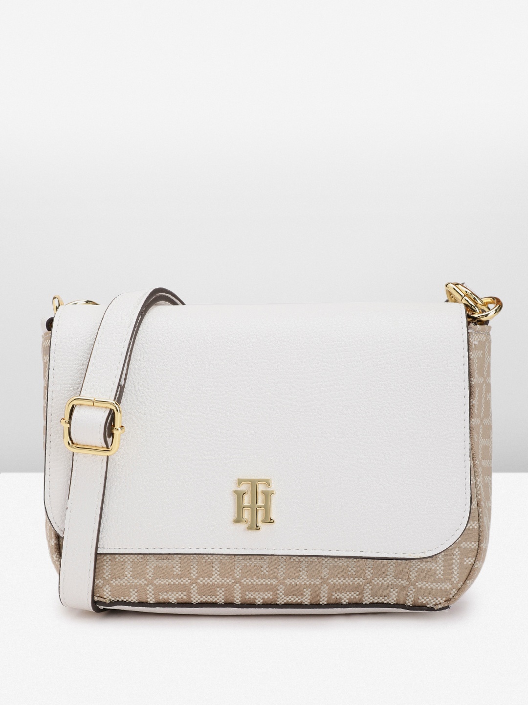 

Tommy Hilfiger Brand Logo Self Design & Colourblocked PU Structured Sling Bag, Khaki