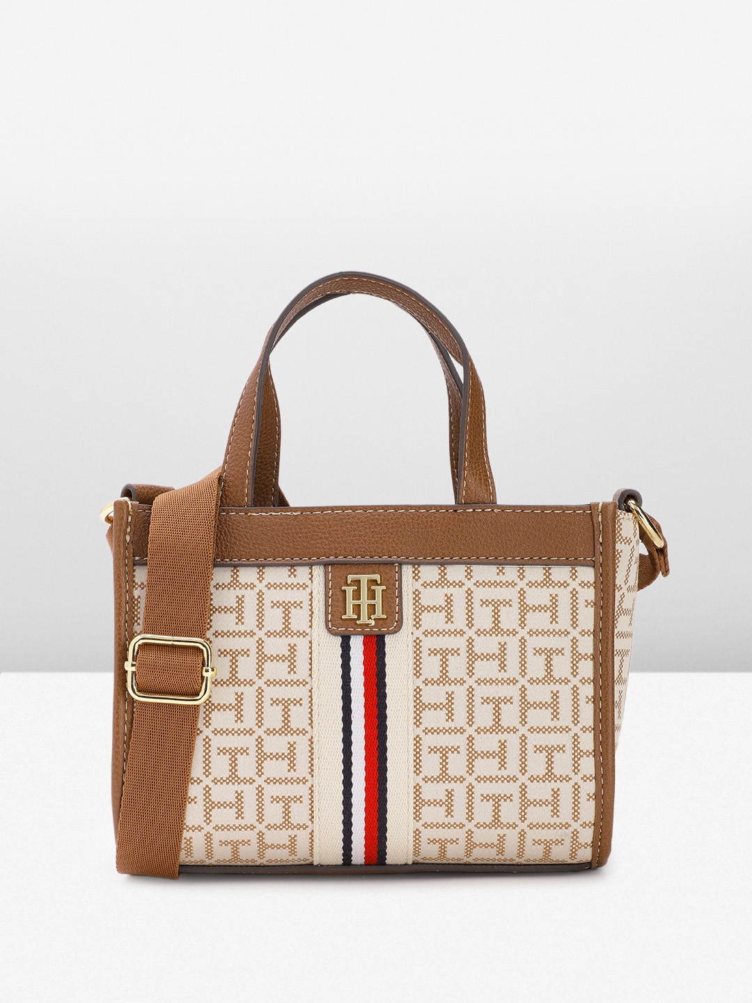 

Tommy Hilfiger Women Brand Logo Textured Handheld Bag, Beige