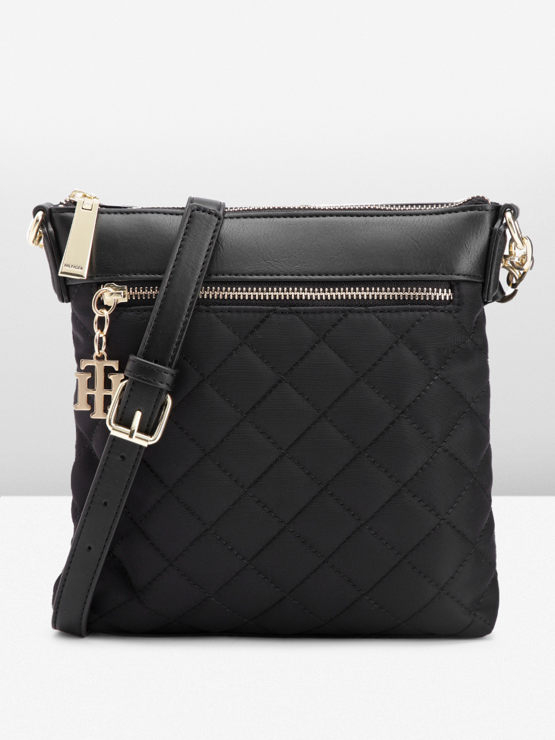 

Tommy Hilfiger Geometric Self Design Sling Bag with Quilted & Brand Logo Tasselled Detail, Black