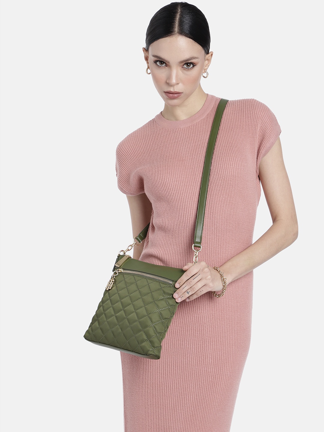 

Tommy Hilfiger Quilted Textured Structured Sling Bag, Olive
