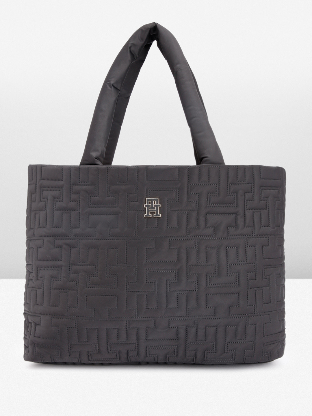 

Tommy Hilfiger Geometric Self Design Oversized Structured Shoulder Bag with Quilted Detail, Black