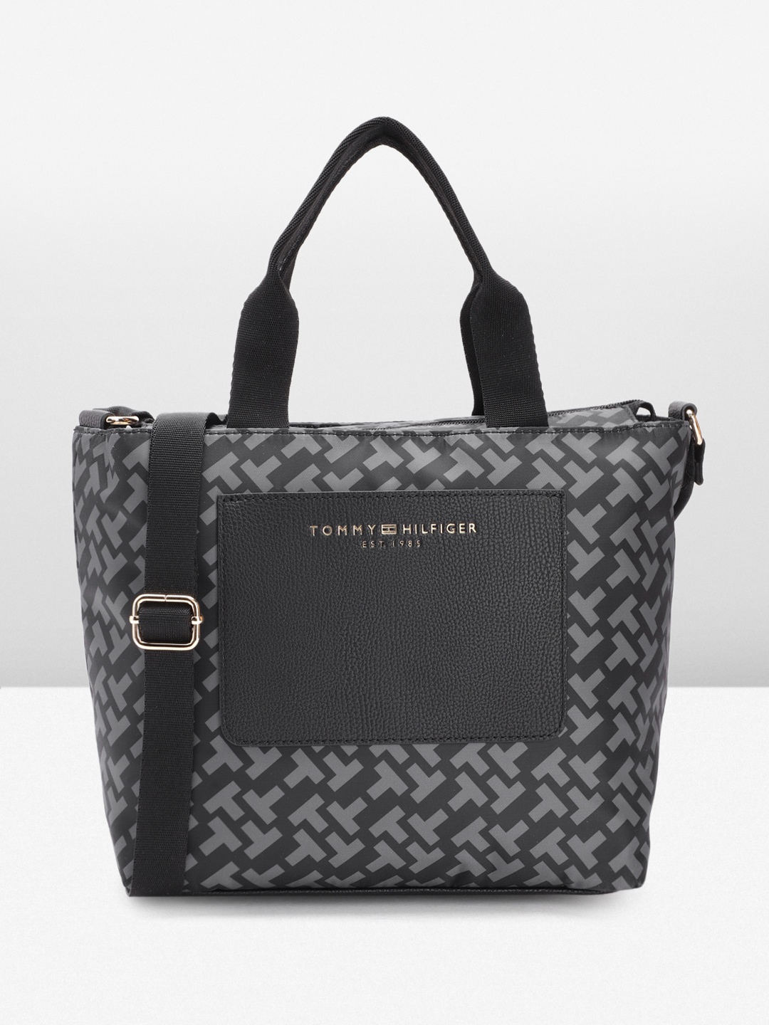 

Tommy Hilfiger Brand Logo Printed Structured Handheld Bag, Black