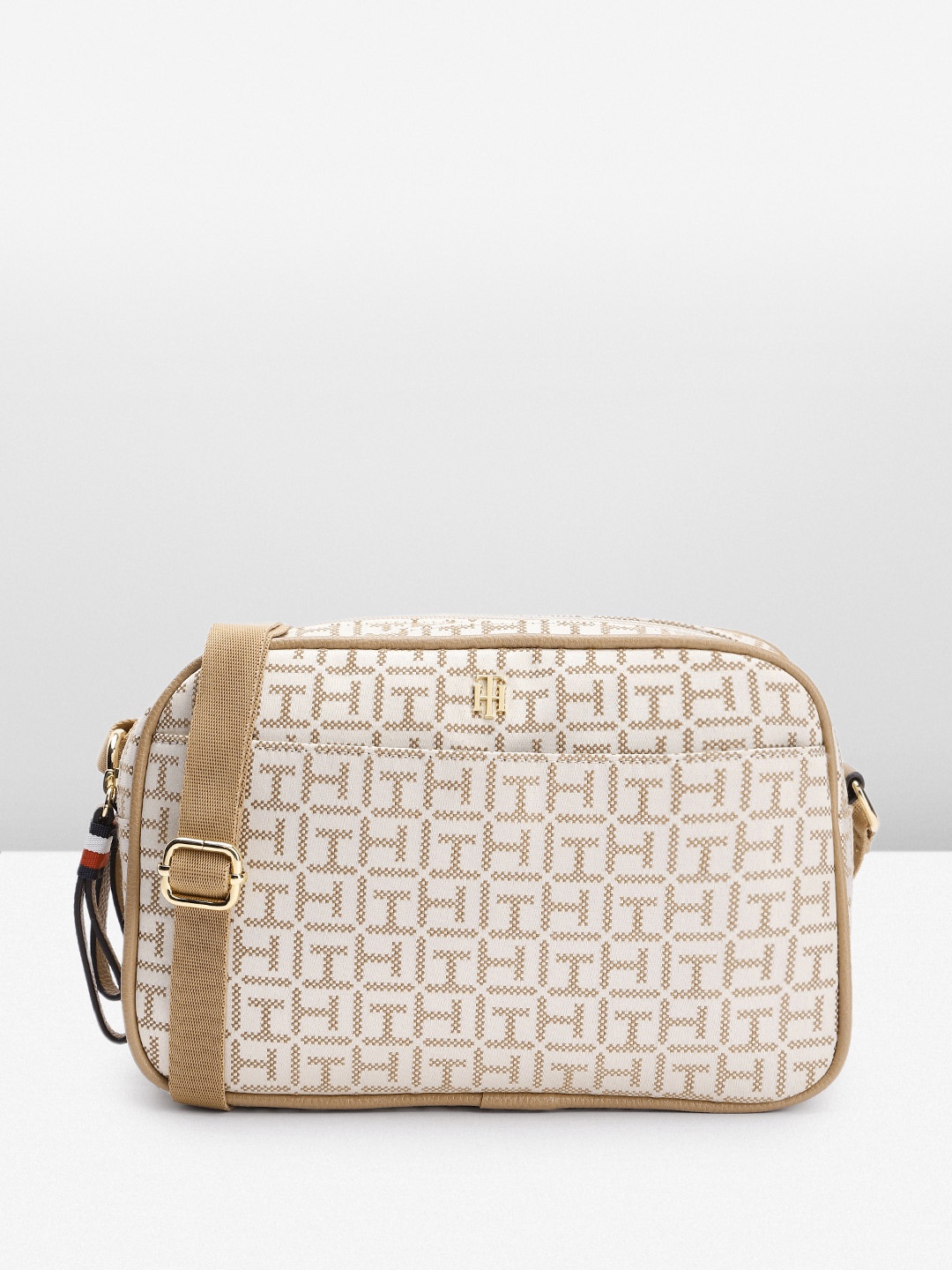 

Tommy Hilfiger Brand Logo Embroidered Structured Sling Bag, Beige