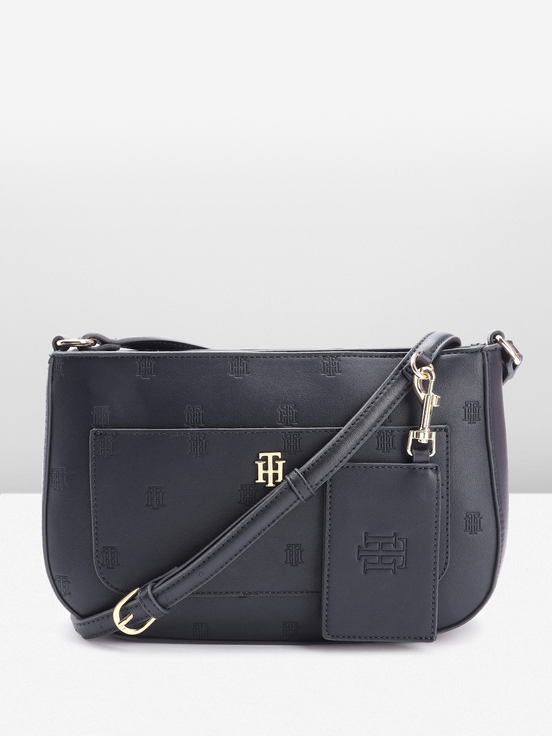 

Tommy Hilfiger Brand Logo Embossed Structured Sling Bag, Navy blue