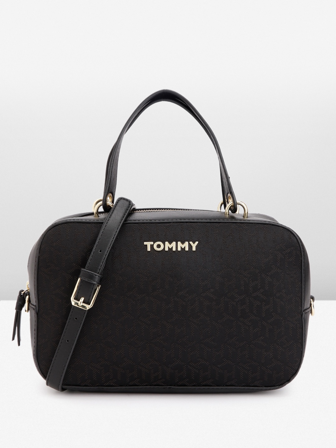 

Tommy Hilfiger Self Brand Logo Design Structured Handheld Bag, Black