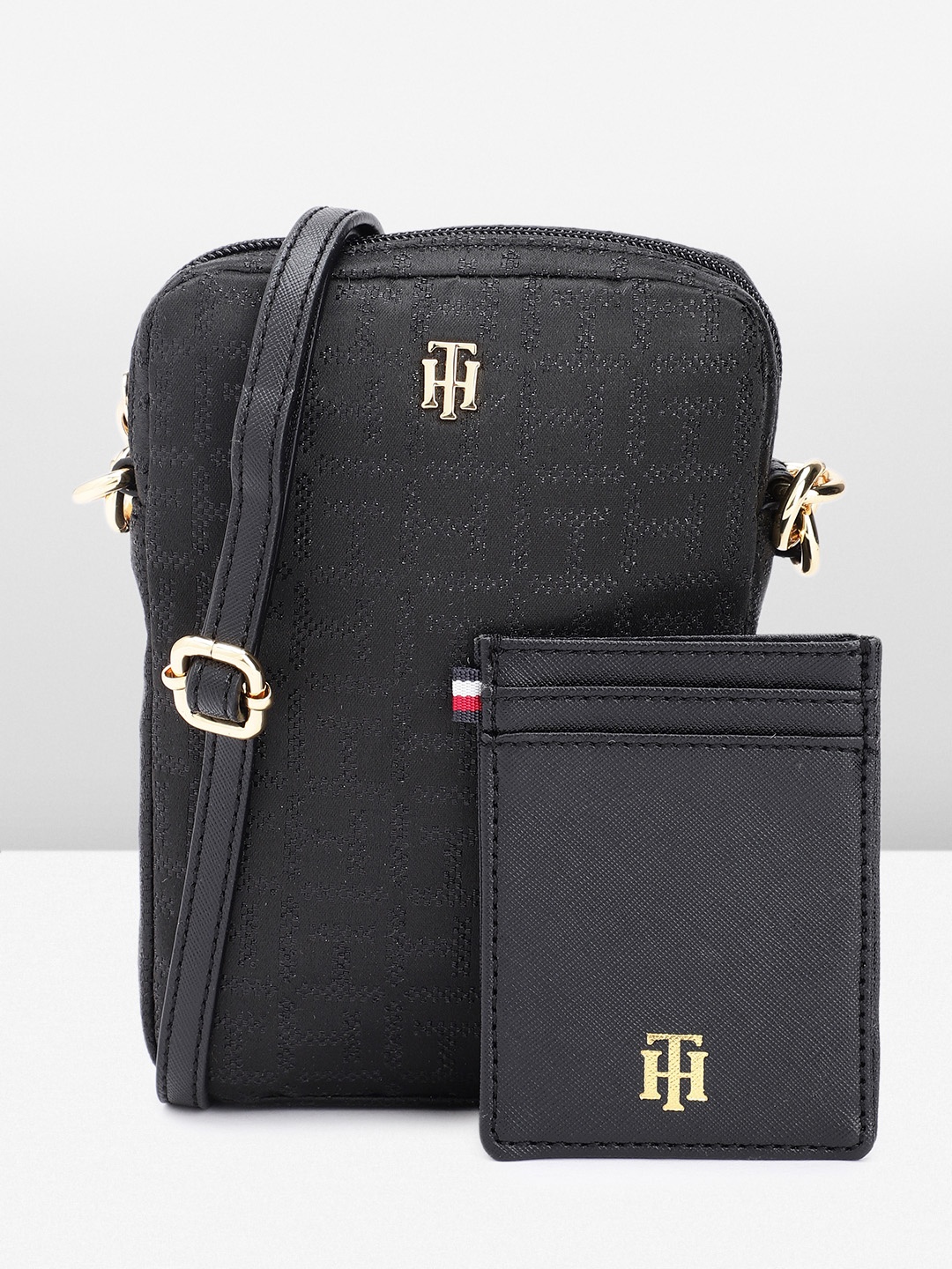 

Tommy Hilfiger Brand Logo Self Design Sling Bag, Black