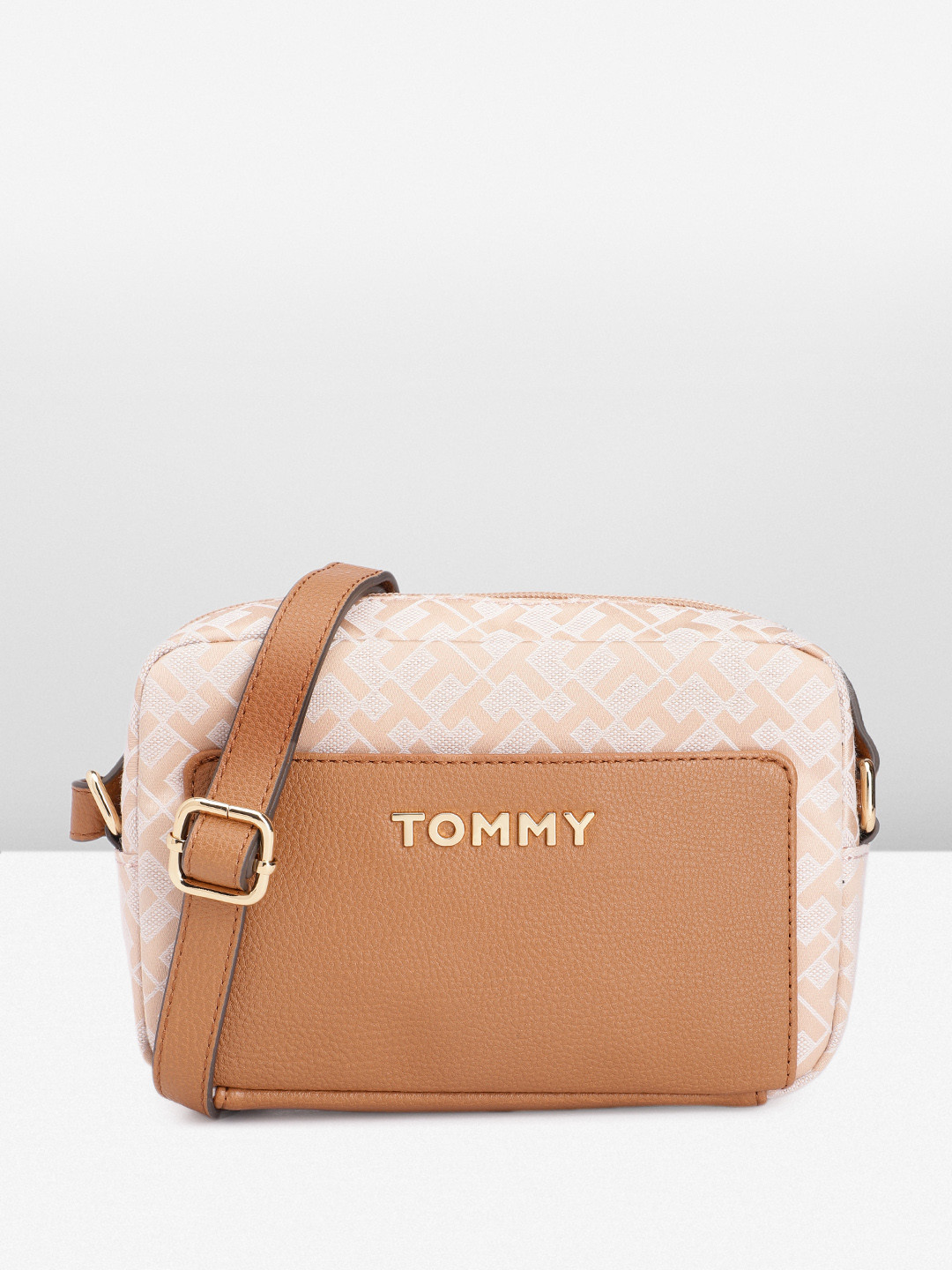 

Tommy Hilfiger Brand Logo Textured Sling Bag, Beige