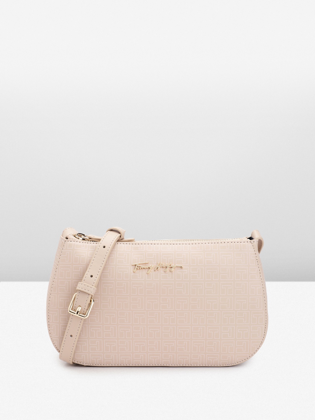 

Tommy Hilfiger Brand Logo Print PU Structured Sling Bag, Beige