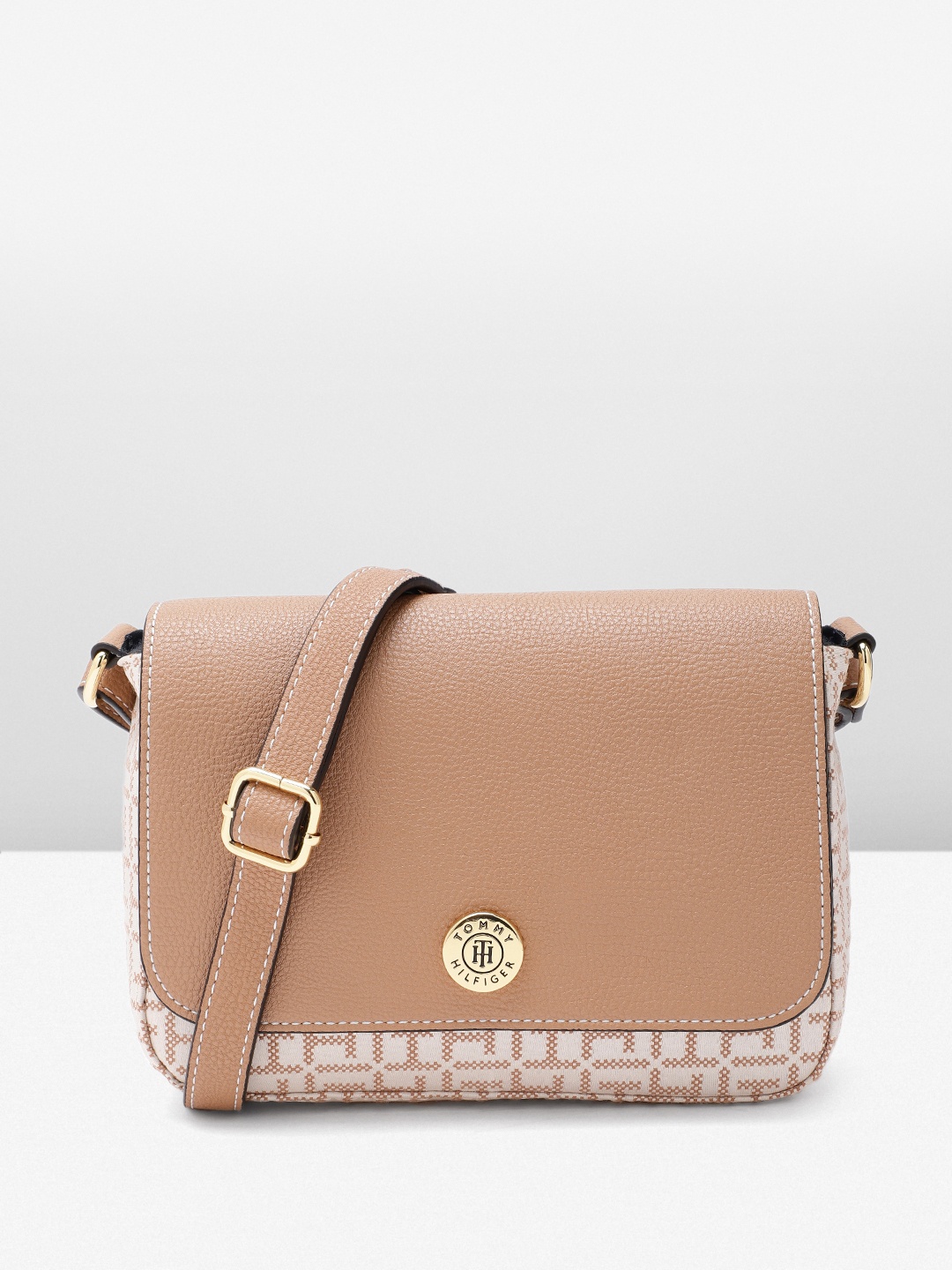 

Tommy Hilfiger Self Brand Logo Design Structured Sling Bag, Beige