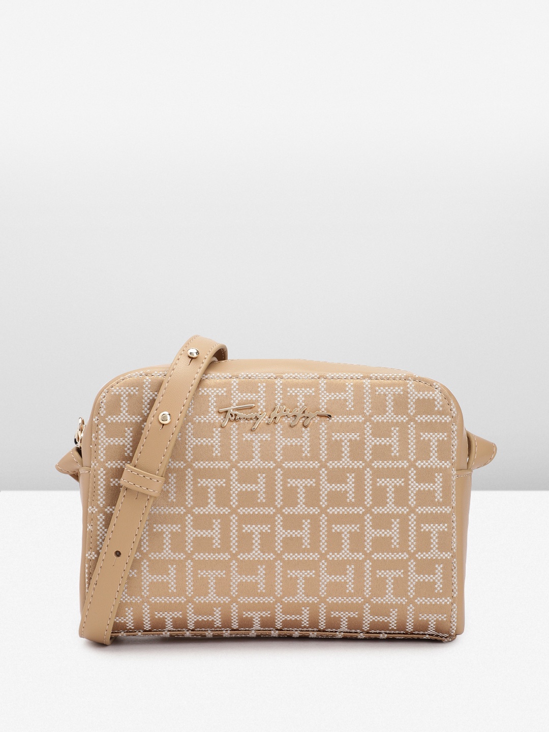 

Tommy Hilfiger Brand Logo Self Design Structured Sling Bag, Khaki