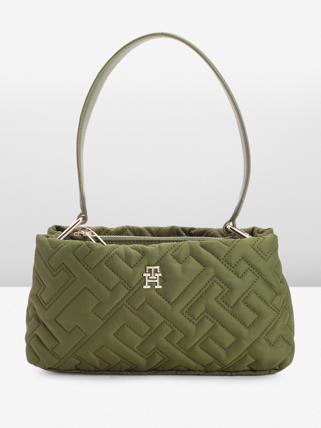 

Tommy Hilfiger Brand Logo Textured Structured Handheld Bag, Olive
