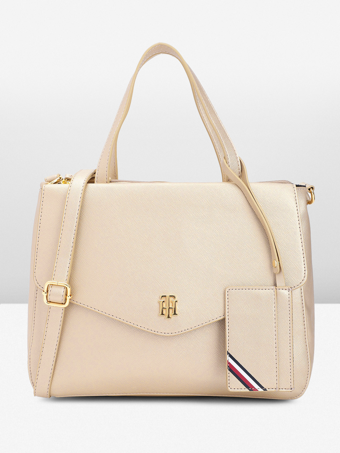 

Tommy Hilfiger Solid Structured Handheld Bag With Cardholder, Gold