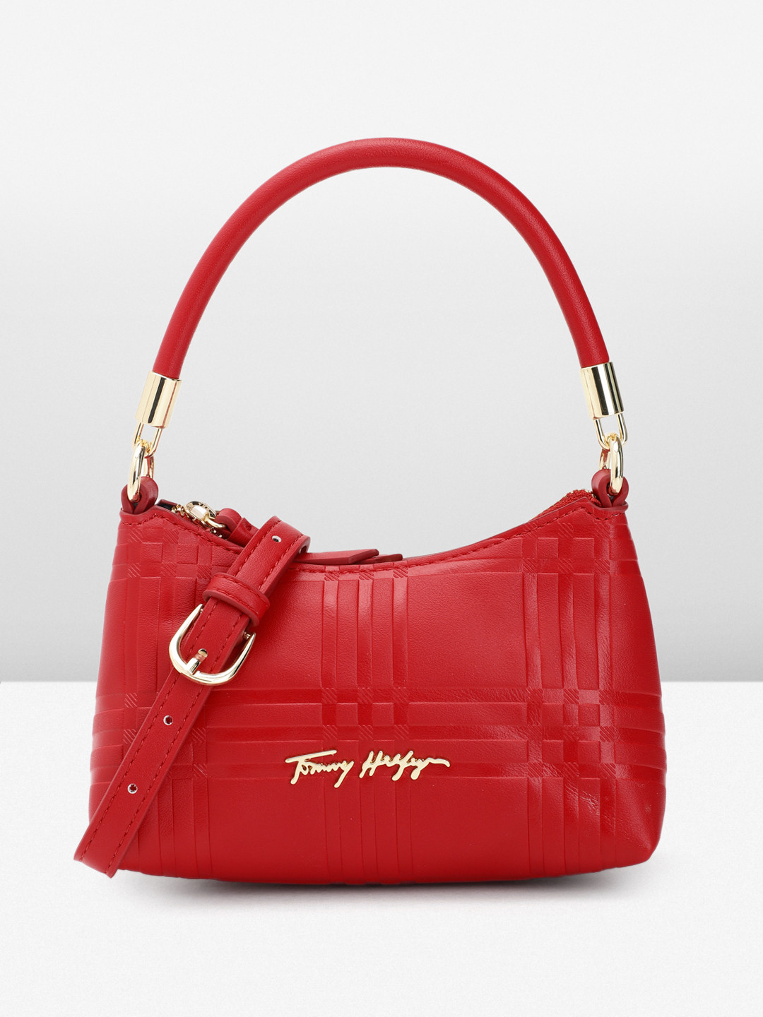

Tommy Hilfiger Geometric Textured Structured Handheld Bag, Red
