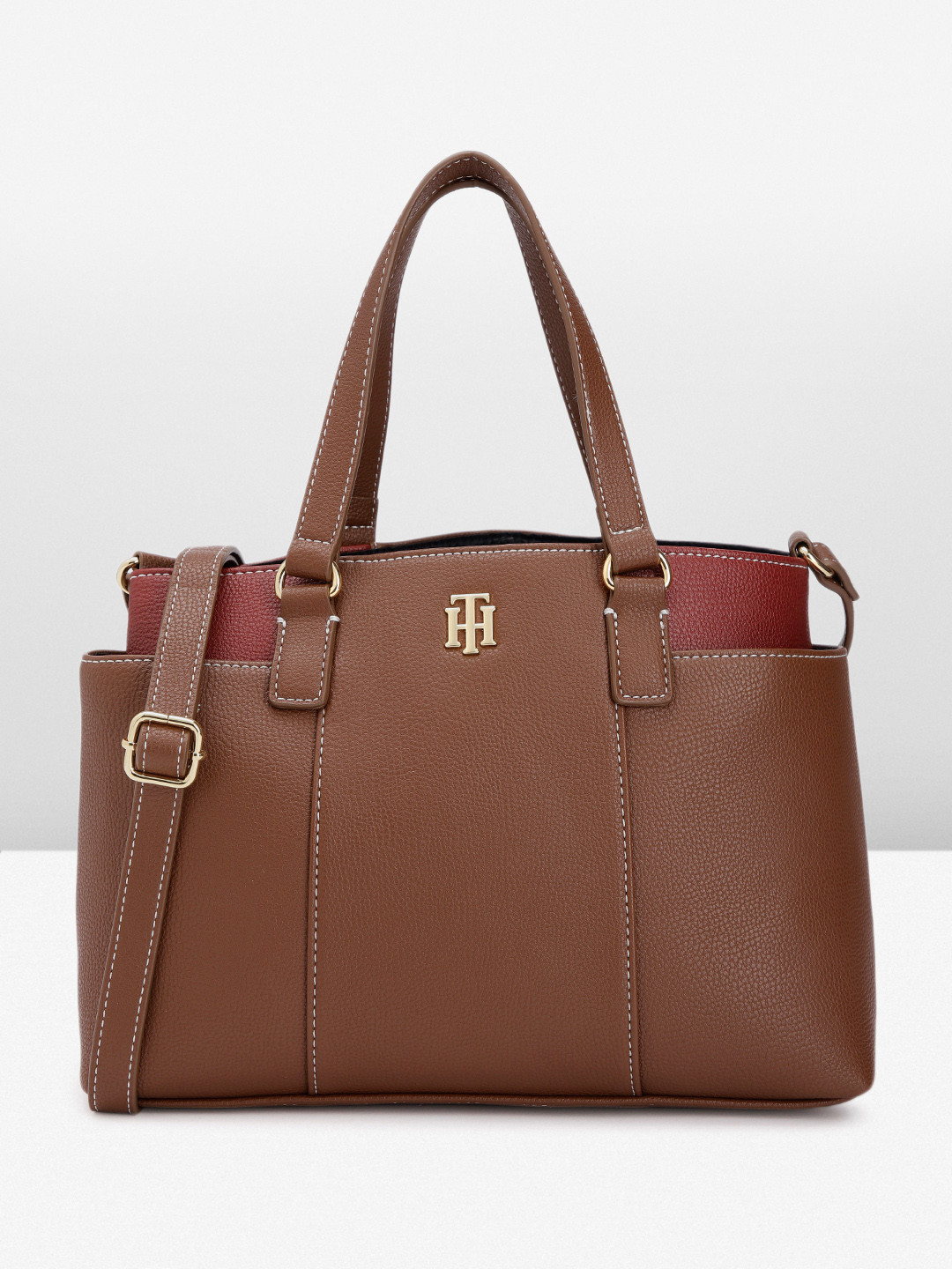 

Tommy Hilfiger Colourblocked & Textured PU Structured Handheld Bag, Brown