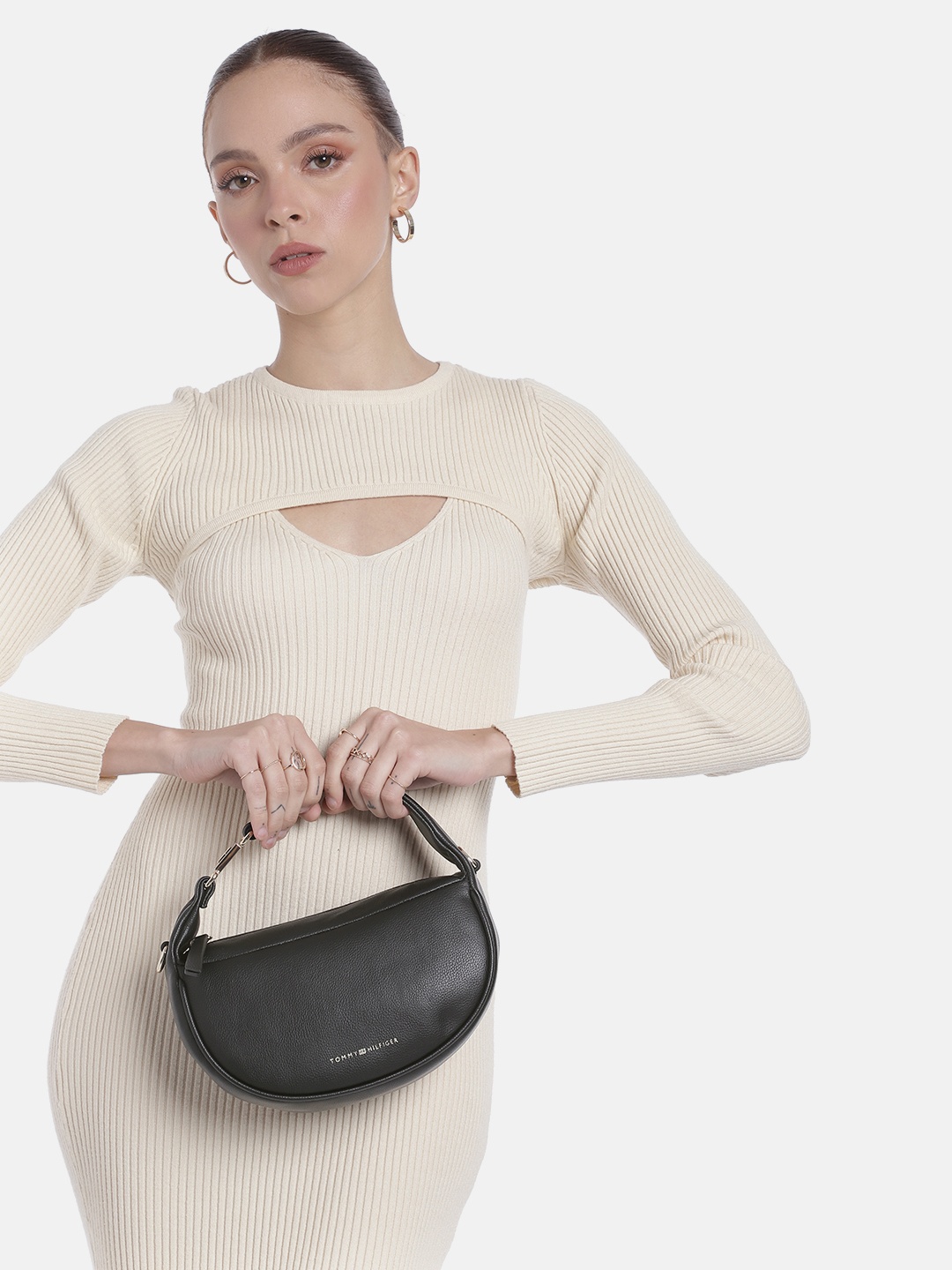 

Tommy Hilfiger Minimal Abstract Textured Half Moon Handheld Bag, Black