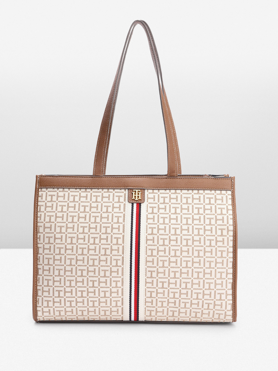 

Tommy Hilfiger Brand Logo Embroidered Structured Shoulder Bag, Beige
