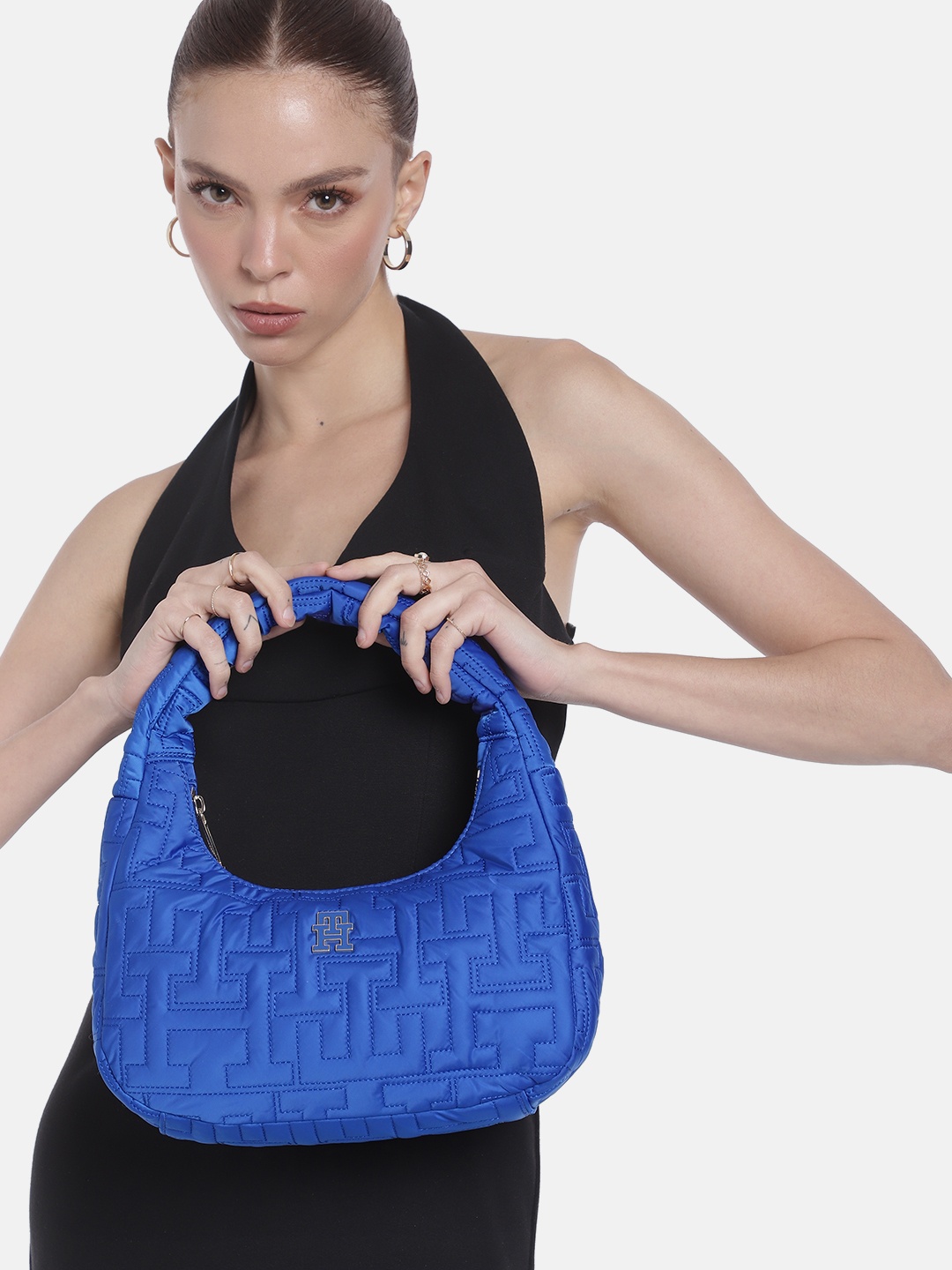 

Tommy Hilfiger Brand Logo Self Design Structured Hobo Bag, Blue