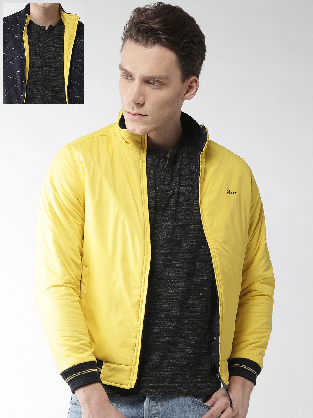 

Okane Men Navy & Yellow Printed Reversible Bomber Jacket, Navy blue