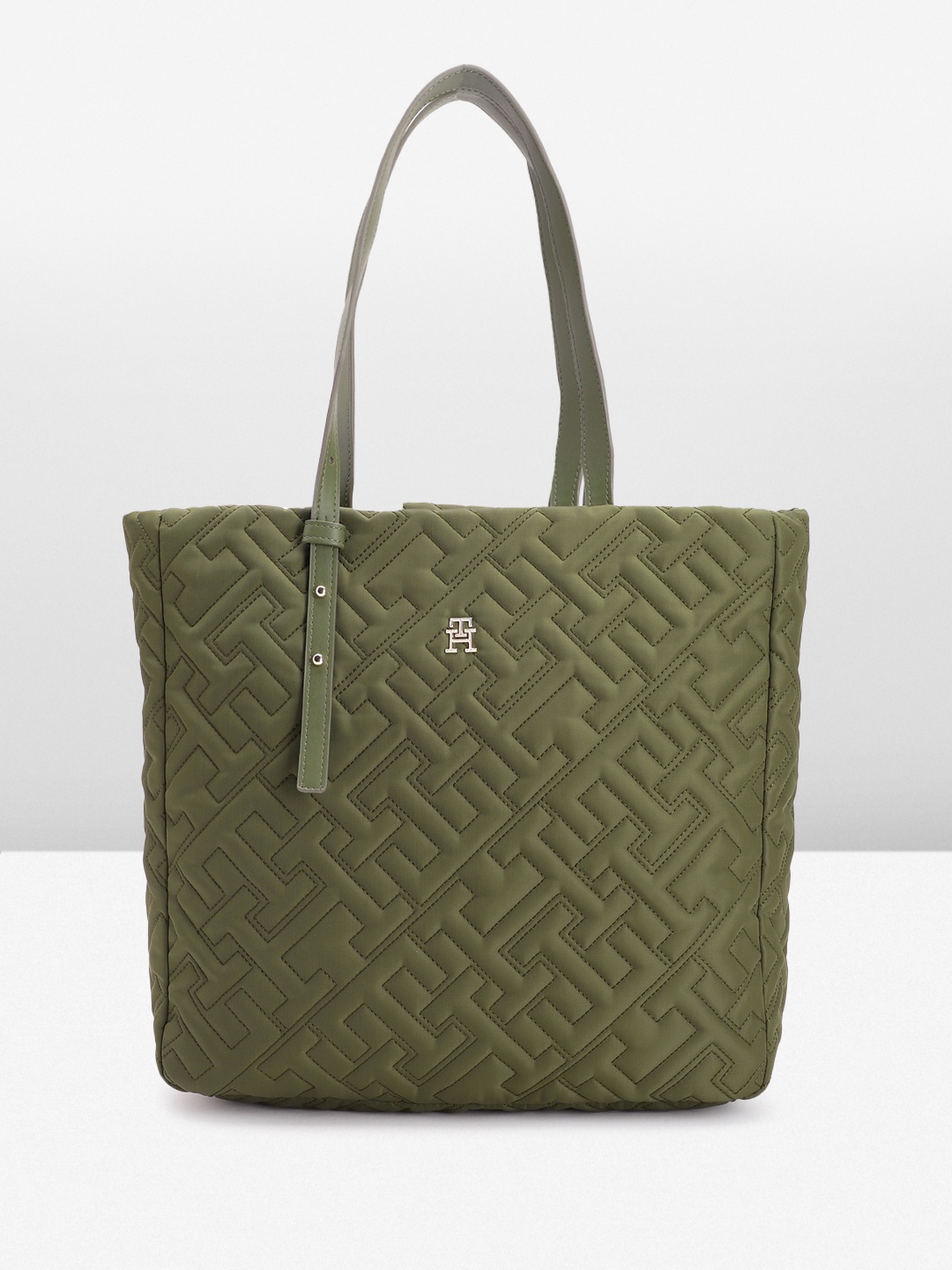 

Tommy Hilfiger Brand Logo Textured Structured Shoulder Bag, Olive