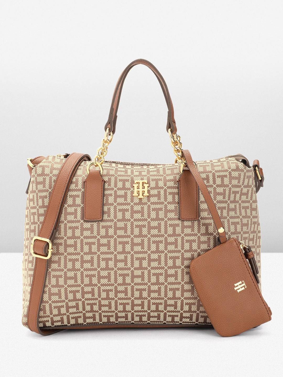 

Tommy Hilfiger Brand Logo Design Structured Handheld Bag with Pouch, Taupe