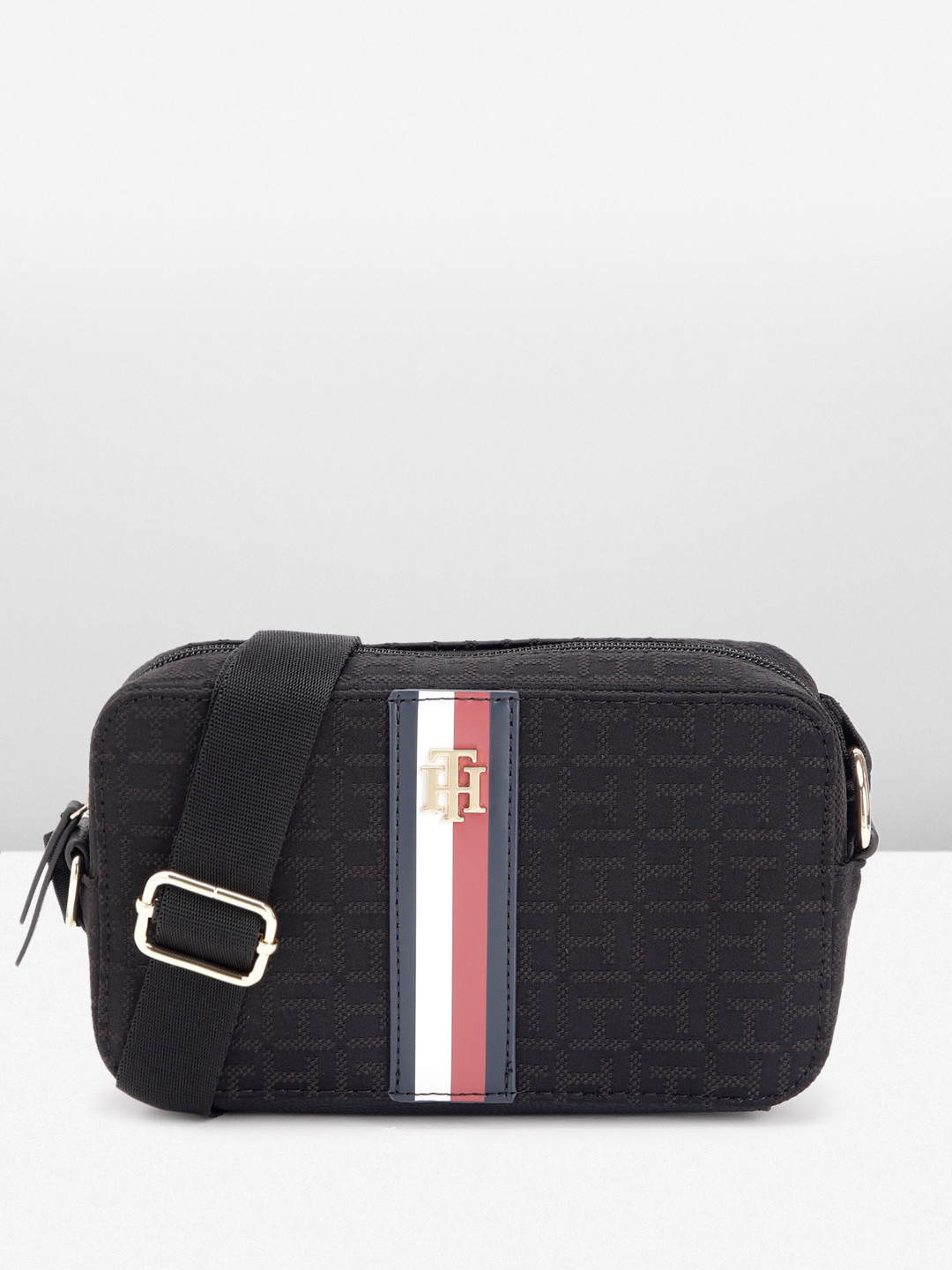 

Tommy Hilfiger Brand Logo Design Structured Sling Bag, Black