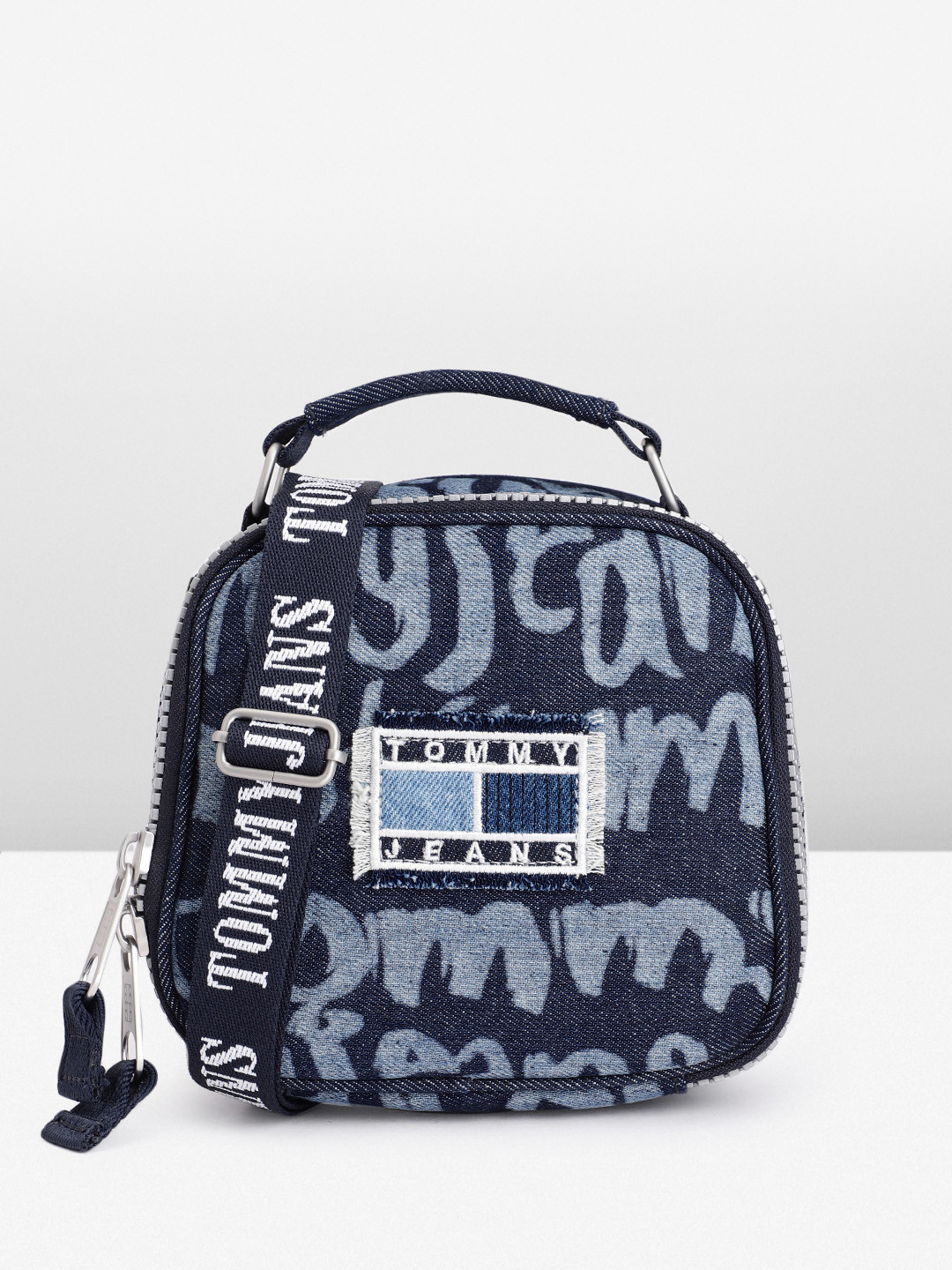 

Tommy Hilfiger Brand Logo Printed Structured Denim Handheld Bag, Navy blue