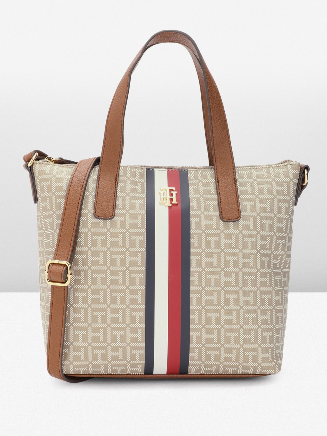 

Tommy Hilfiger Brand Logo Printed Structured Handheld Bag, Cream