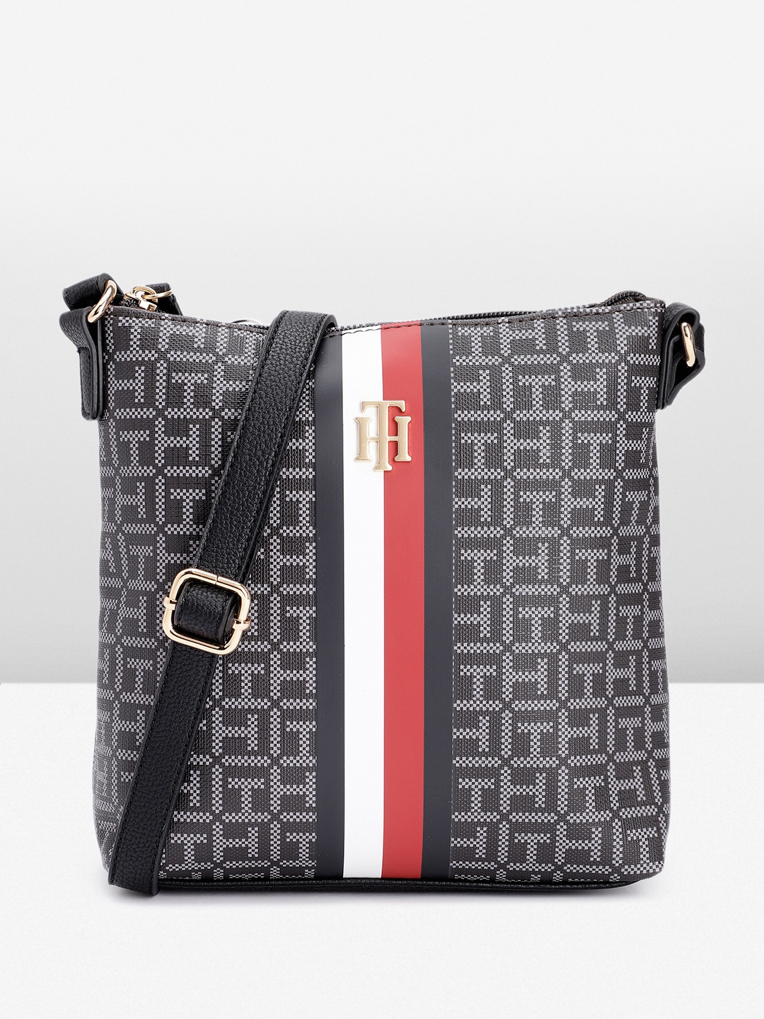 

Tommy Hilfiger Brand Logo Printed Structured Sling Bag, Grey