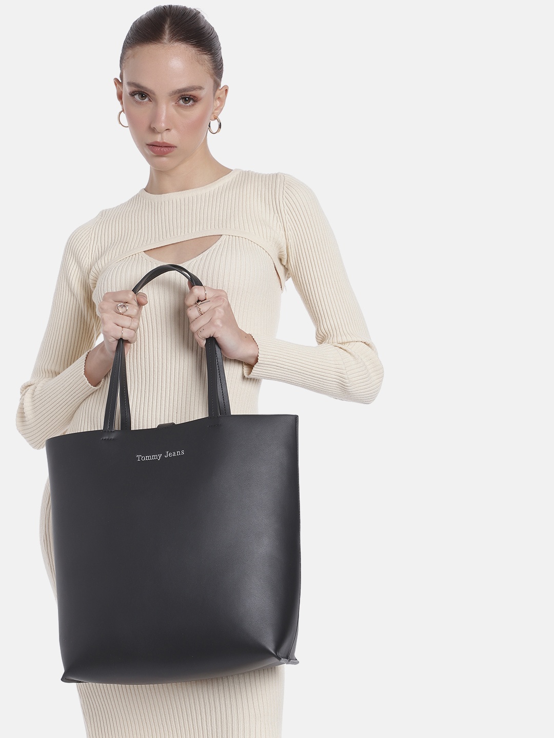 Tommy Hilfiger Solid PU Oversized Shopper Tote Bag, Black