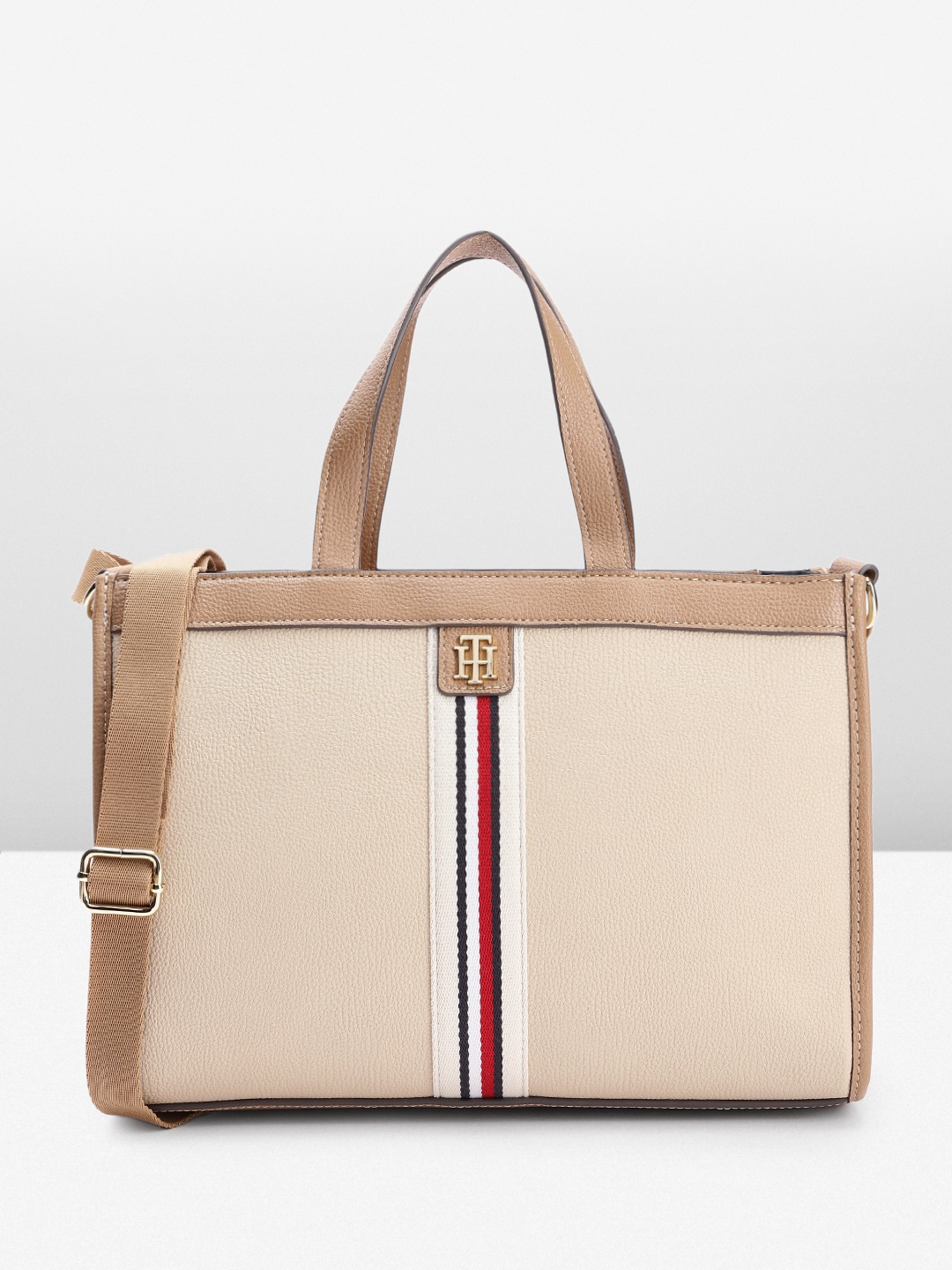 

Tommy Hilfiger Striped Structured Handheld Bag, Beige
