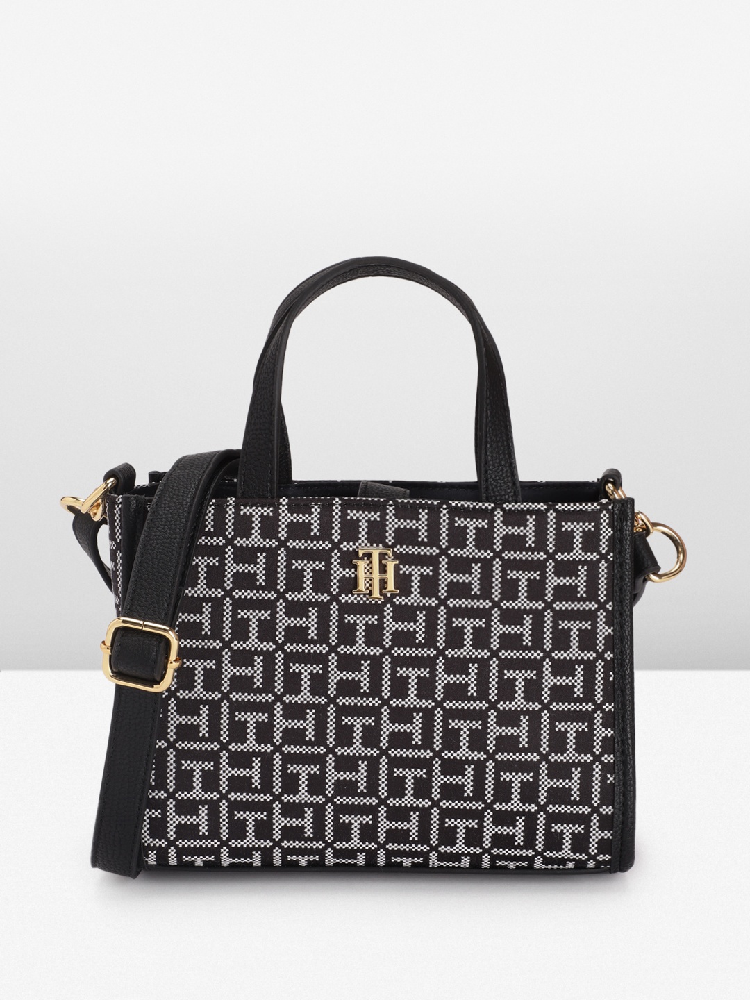 

Tommy Hilfiger Self Design Brand Logo Handheld Bag, Black