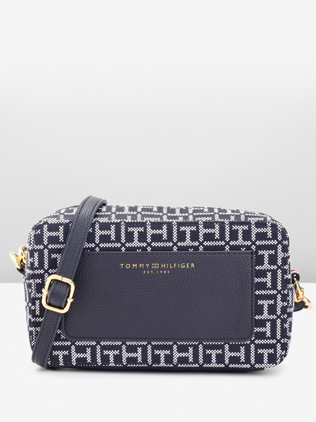 

Tommy Hilfiger Brand Logo Design Structured Sling Bag, Navy blue