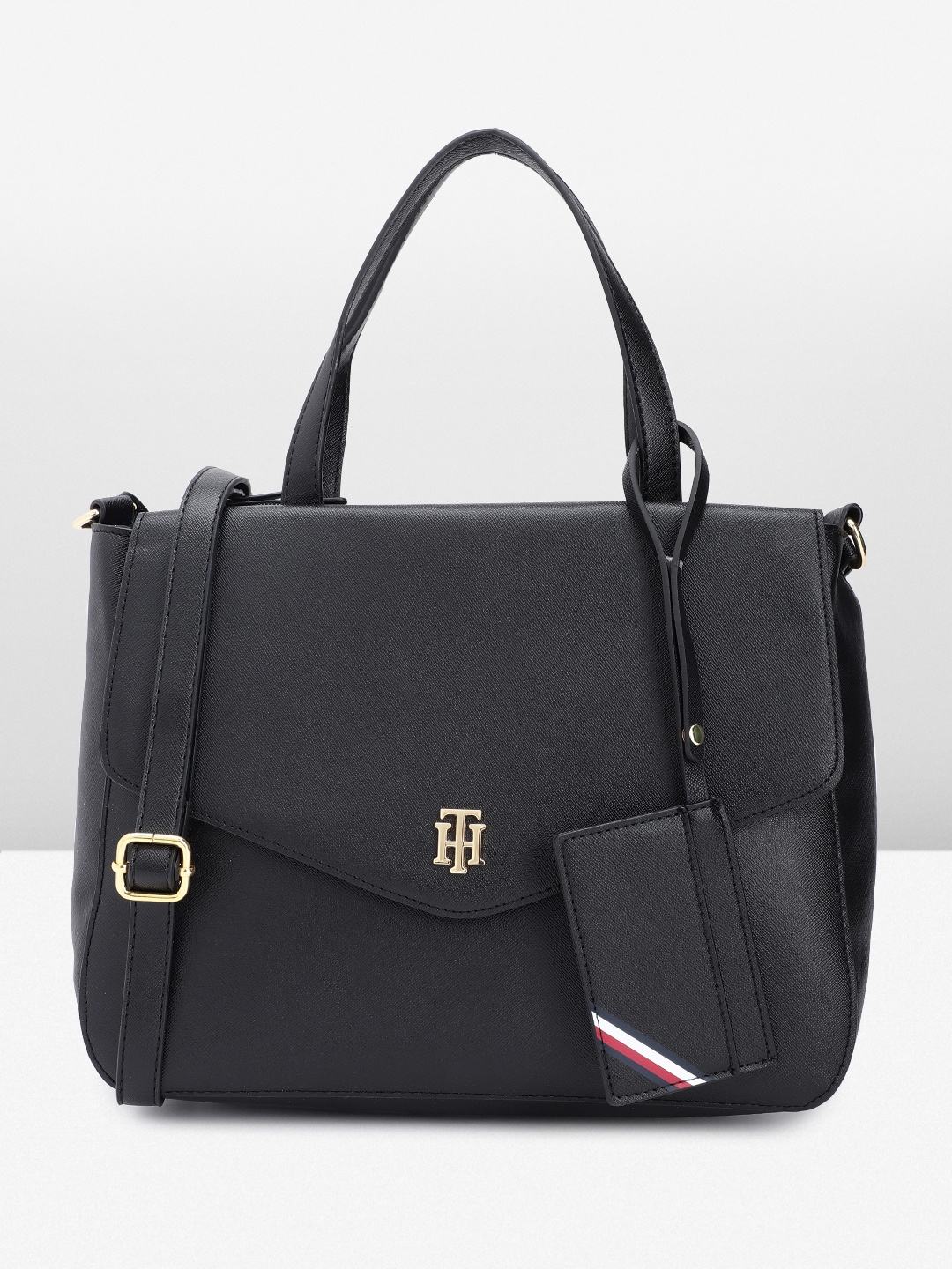 

Tommy Hilfiger Solid PU Structured Handheld Bag With A Cardholder, Black