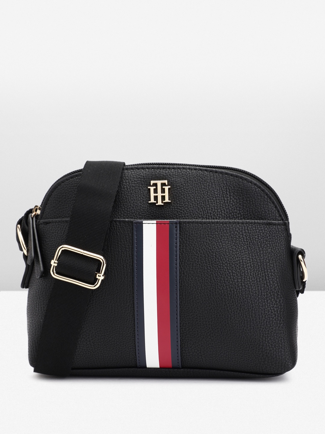 

Tommy Hilfiger Striped Structured Sling Bag, Black