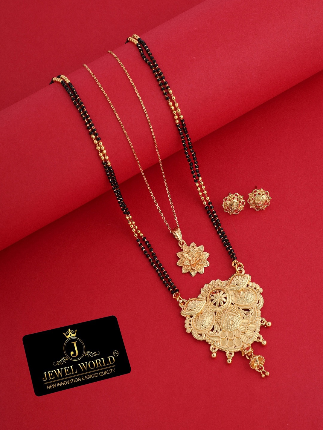 

JEWEL WORLD Gold-Plated Stone Studded & Beaded Mangalsutra With Earrings & Chain
