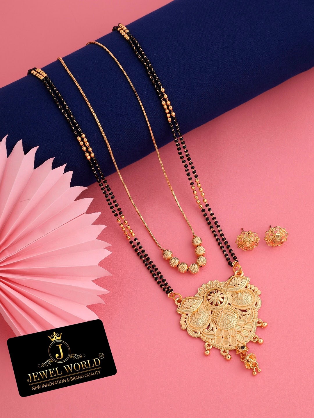 

JEWEL WORLD Gold Plated Beaded Mangalsutra With Chain & Earrings