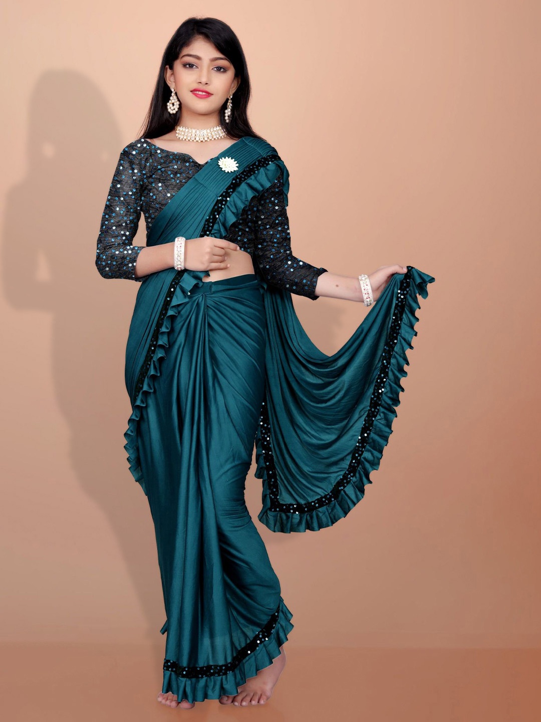 

APNISHA Girls Sequinned Ready to Wear Saree, Turquoise blue