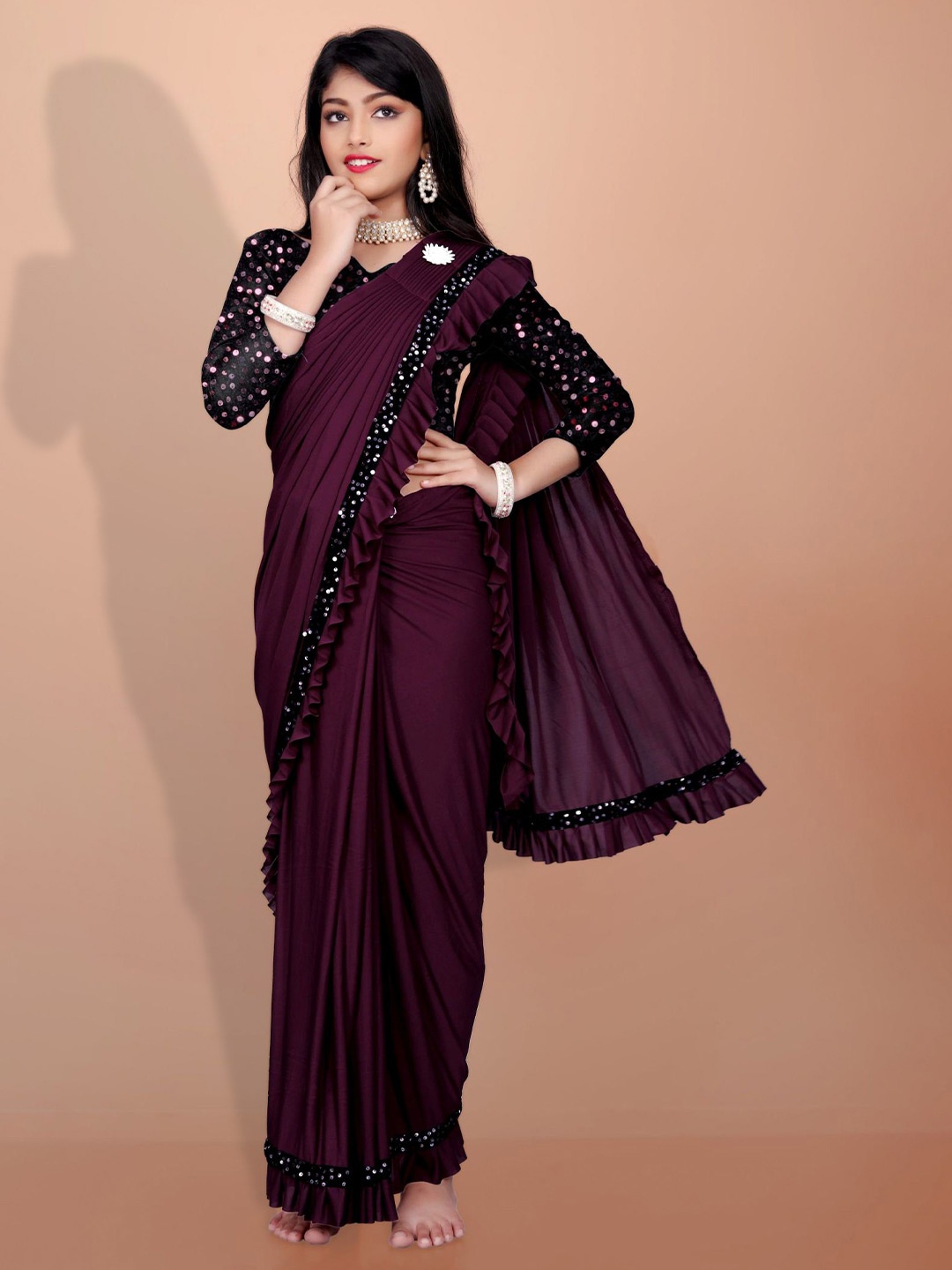 

APNISHA Girls Sequinned Ready to Wear Saree, Purple