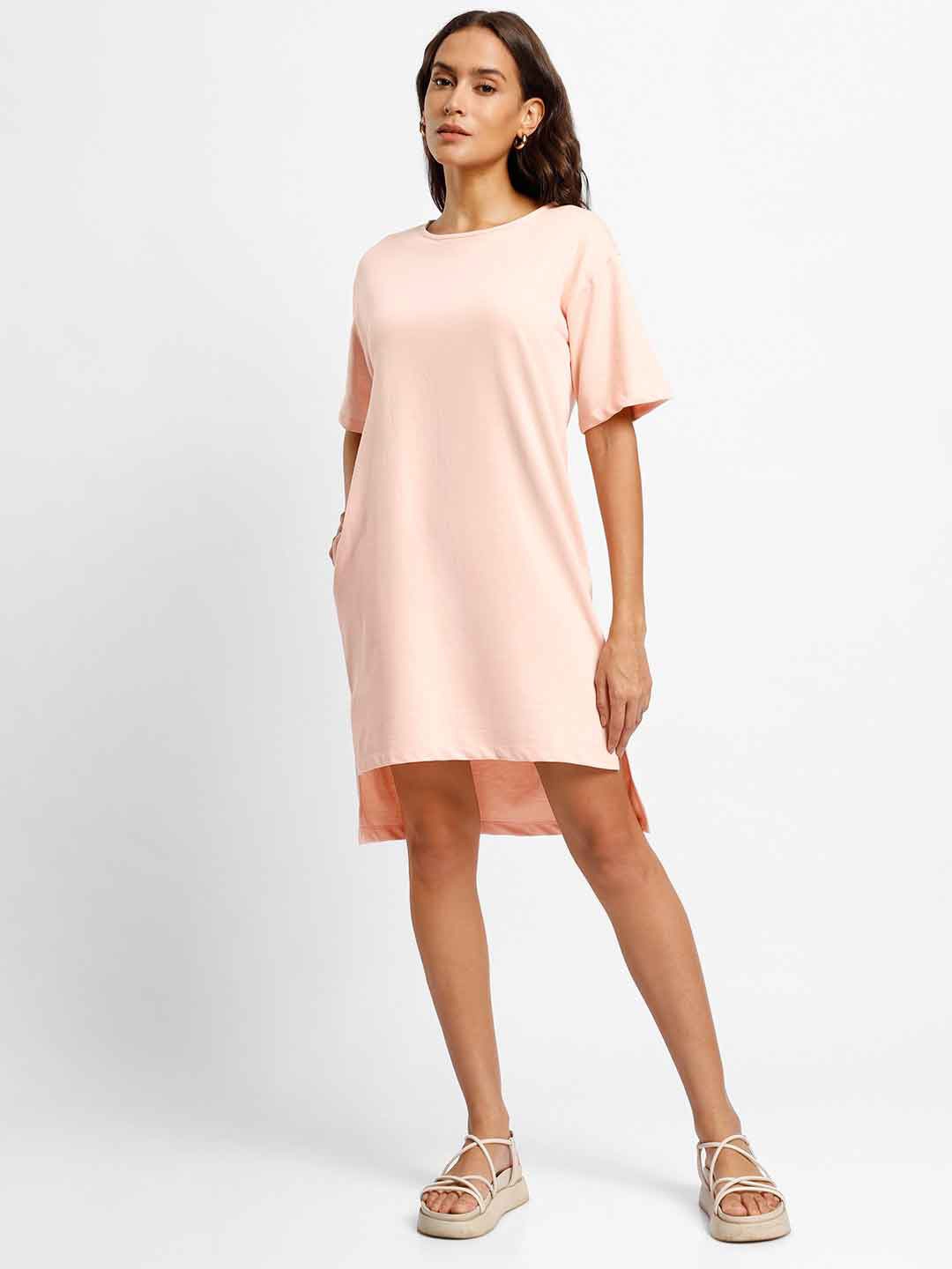 

NOBERO Drop-Shoulder Sleeves T-shirt Mini Dress, Pink