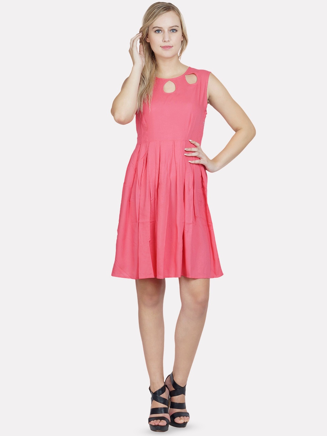 

PATRORNA Sleeveless Cut Work Cotton A-Line Dress, Pink